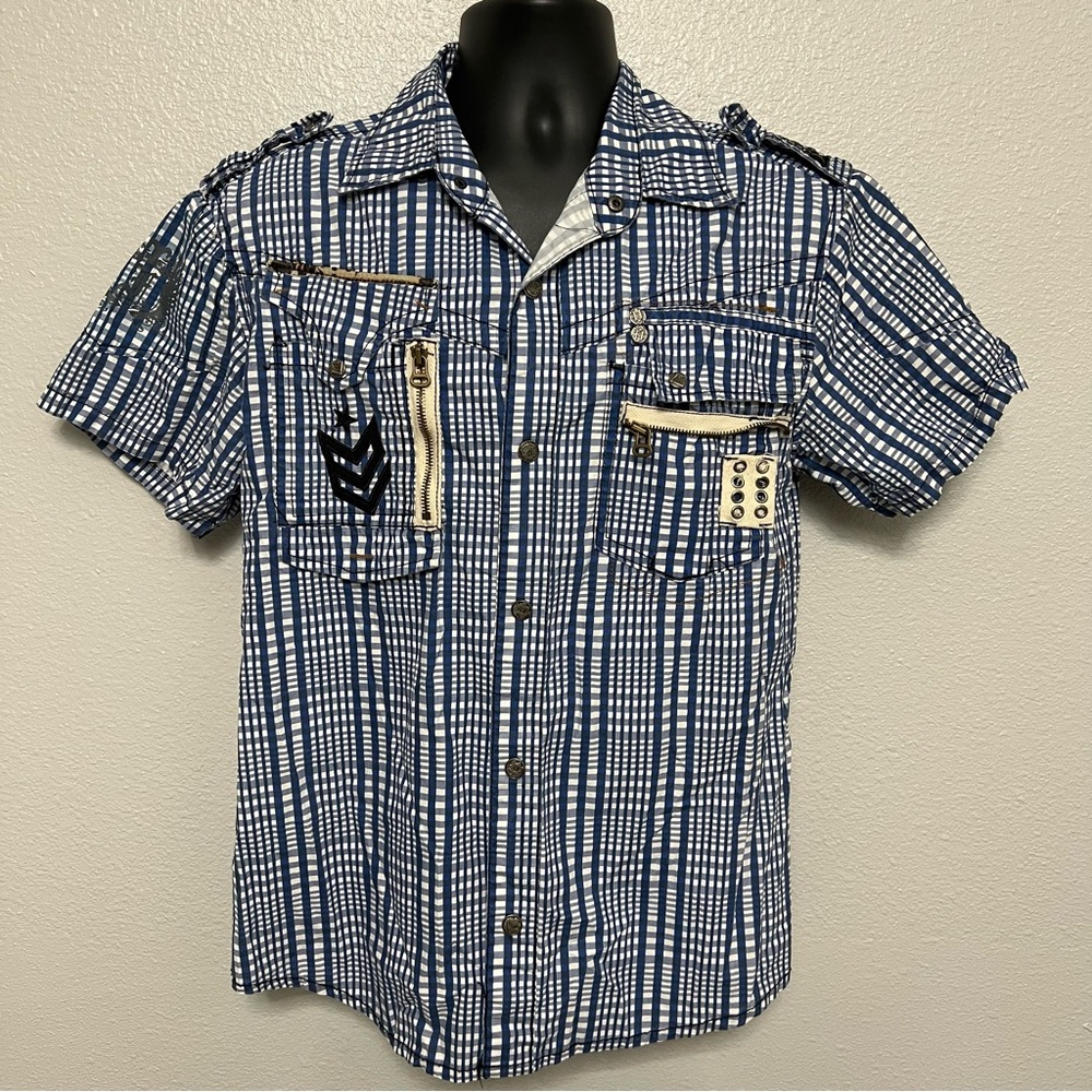 F.U.S.A.I. Men’s Medium Short Sleeve Button-Up Shirt – Blue &‎ White Plaid